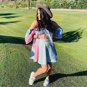 Anthropologie Pink Off-Shoulder Bishop Sleeve Sundress maternity